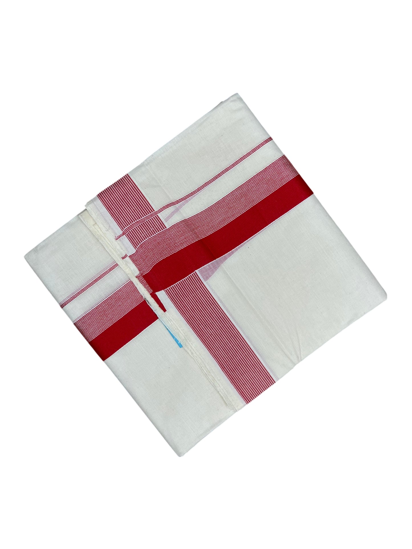 Southloom Kerala Pure Cotton Double Mundu with Red Lines And Red Border (South Indian Kerala Dhoti)