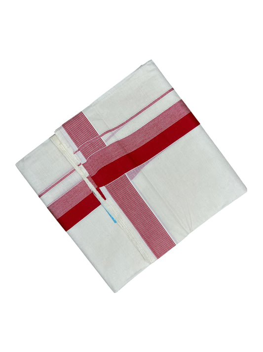 Southloom Kerala Pure Cotton Double Mundu with Red Lines And Red Border (South Indian Kerala Dhoti)