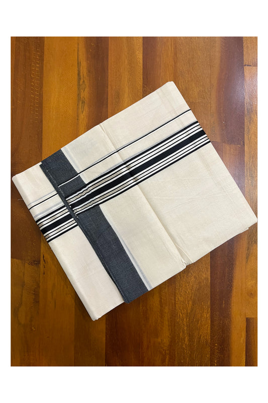 Kerala Pure Cotton Double Mundu with Silver Kasavu and Black Border (South Indian Kerala Dhoti)