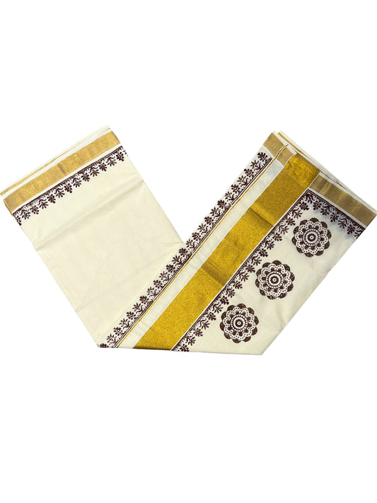 Southloom Cotton Kerala Kasavu Saree with Brown and Maroon Block Prints On Border