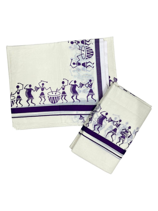 Southloom Pure Cotton Kerala Single Warly Print Set Mundu (Mundum Neriyathum) Violet Border in 2.50 mtrs  SL246