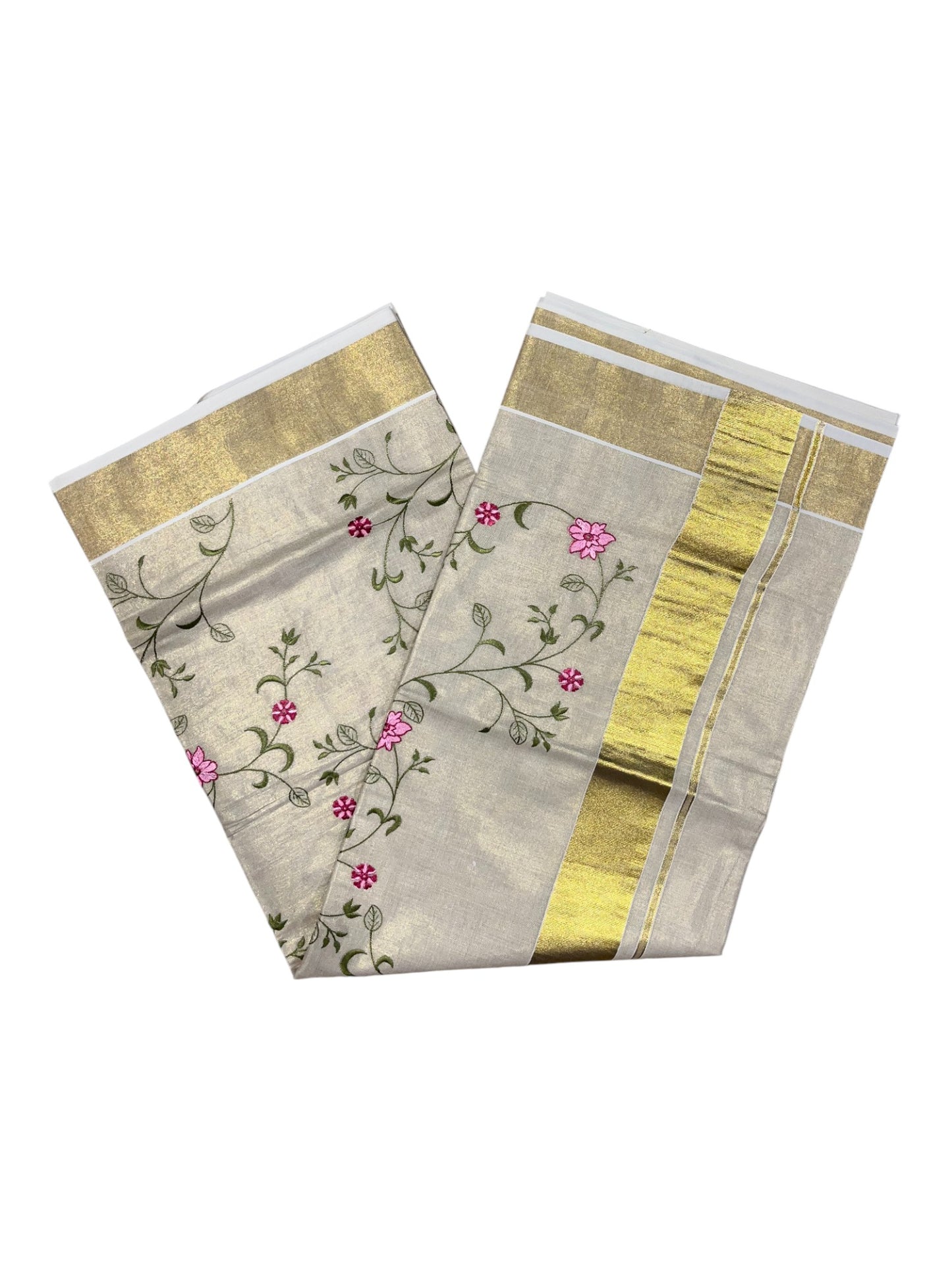Southloom Kerala Tissue Kasavu Saree with Floral Print on Body and Border