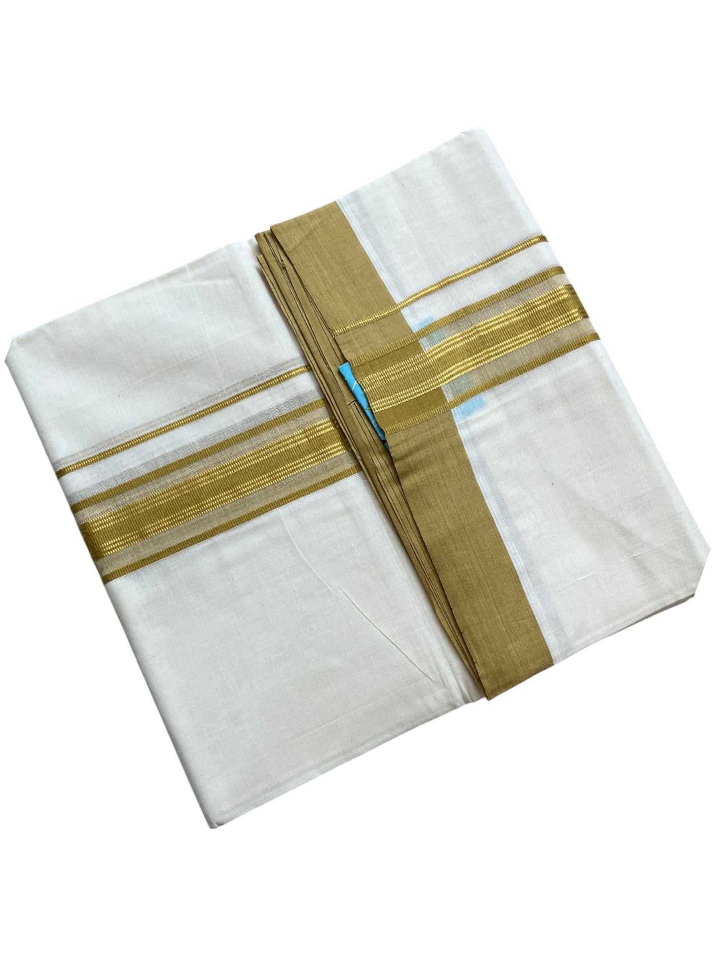 Southloom Pure Cotton Mundu with Golden Lines and Olive Green Border (South Indian Kerala Dhoti)