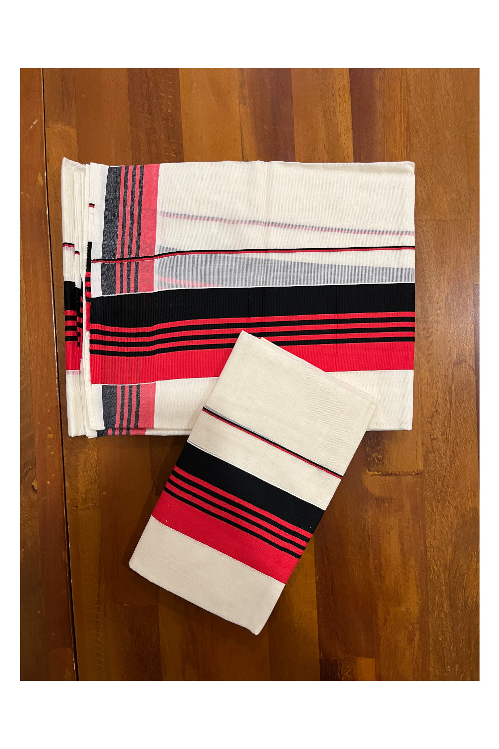 Kerala Cotton Mundum Neriyathum Single (Set Mundu) with Red and Black Kara (Onam Set Mundu 2023)