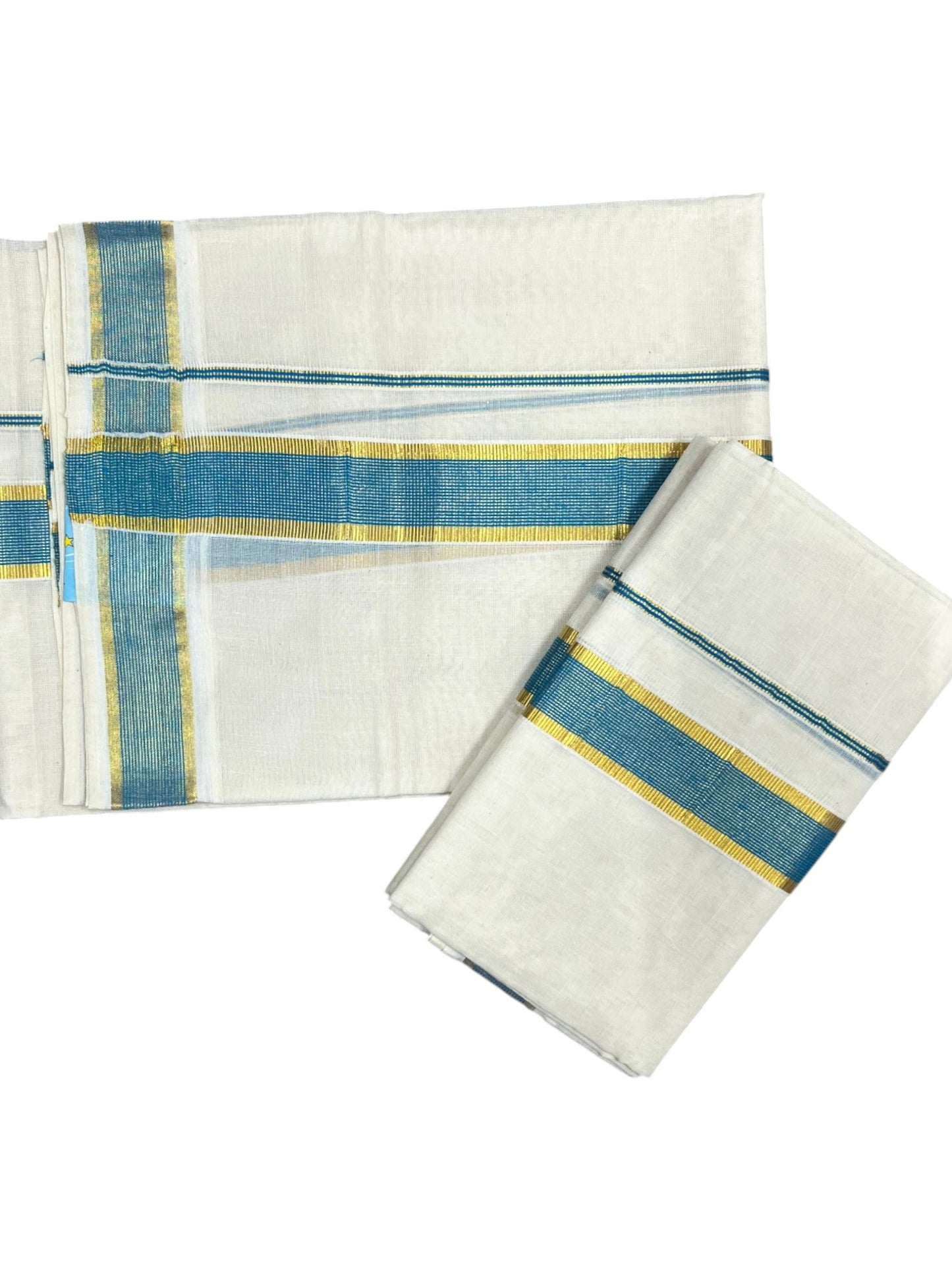 Southloom Pure Cotton Kerala Kasavu Set Mundu (Mundum Neriyathum) Kasavu & Blue Border in 2.80 Mtrs SLKK SL470