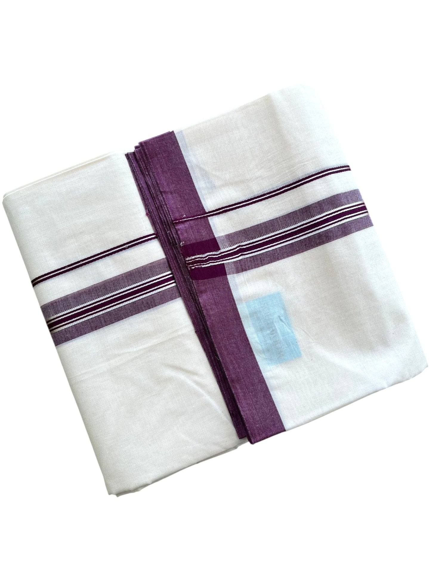Southloom Pure Cotton Mundu with Silver Lines and Purple Border (South Indian Kerala Dhoti)