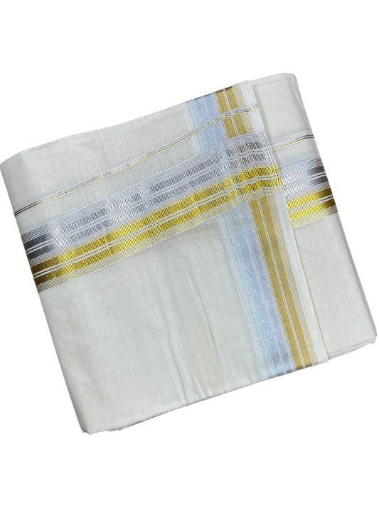 Southloom Kerala Pure Cotton Double Mundu with Silver & Gold Line Border (South Indian Dhoti)