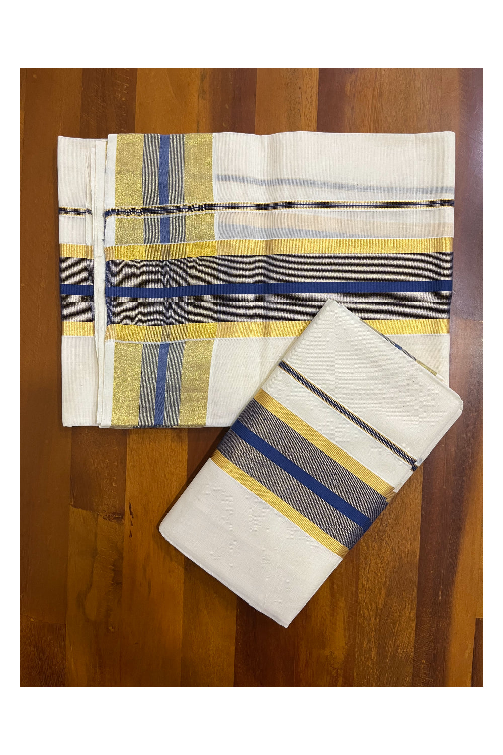 Kerala Cotton Set Mundu (Mundum Neriyathum) with Blue and Kasavu Border 2.80 Mtrs