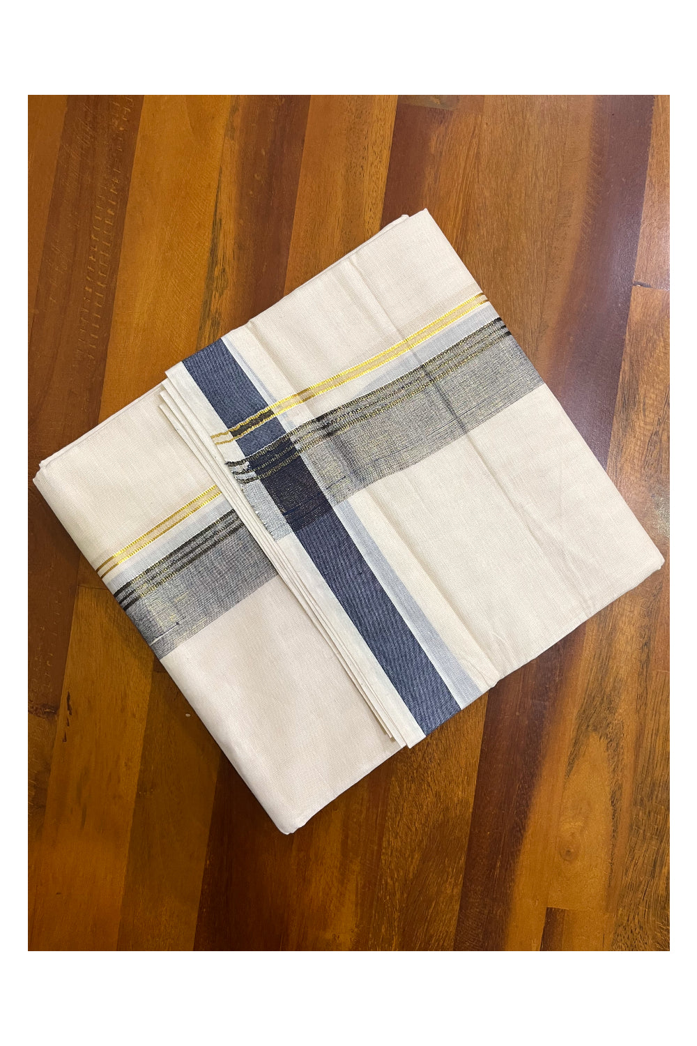 Off White Kerala Cotton Double Mundu with Kasavu and Navy Blue Border (South Indian Kerala Dhoti)