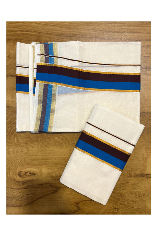 Kerala Cotton Kasavu Set Mundu (Mundum Neriyathum) with Blue and Brown Border 2.80 Mtrs