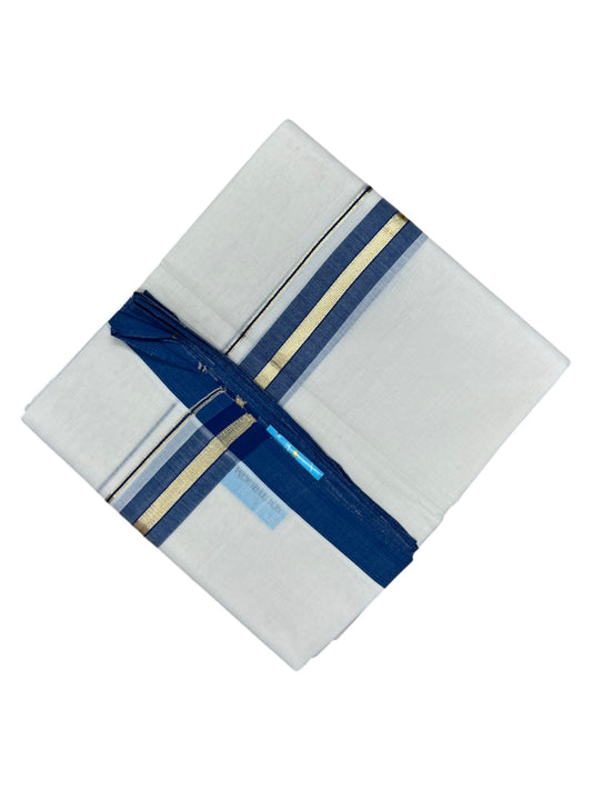 Southloom Balaramapuram Premium Handloom Cotton Double Mundu with Gold Kasavu and Blue Border
