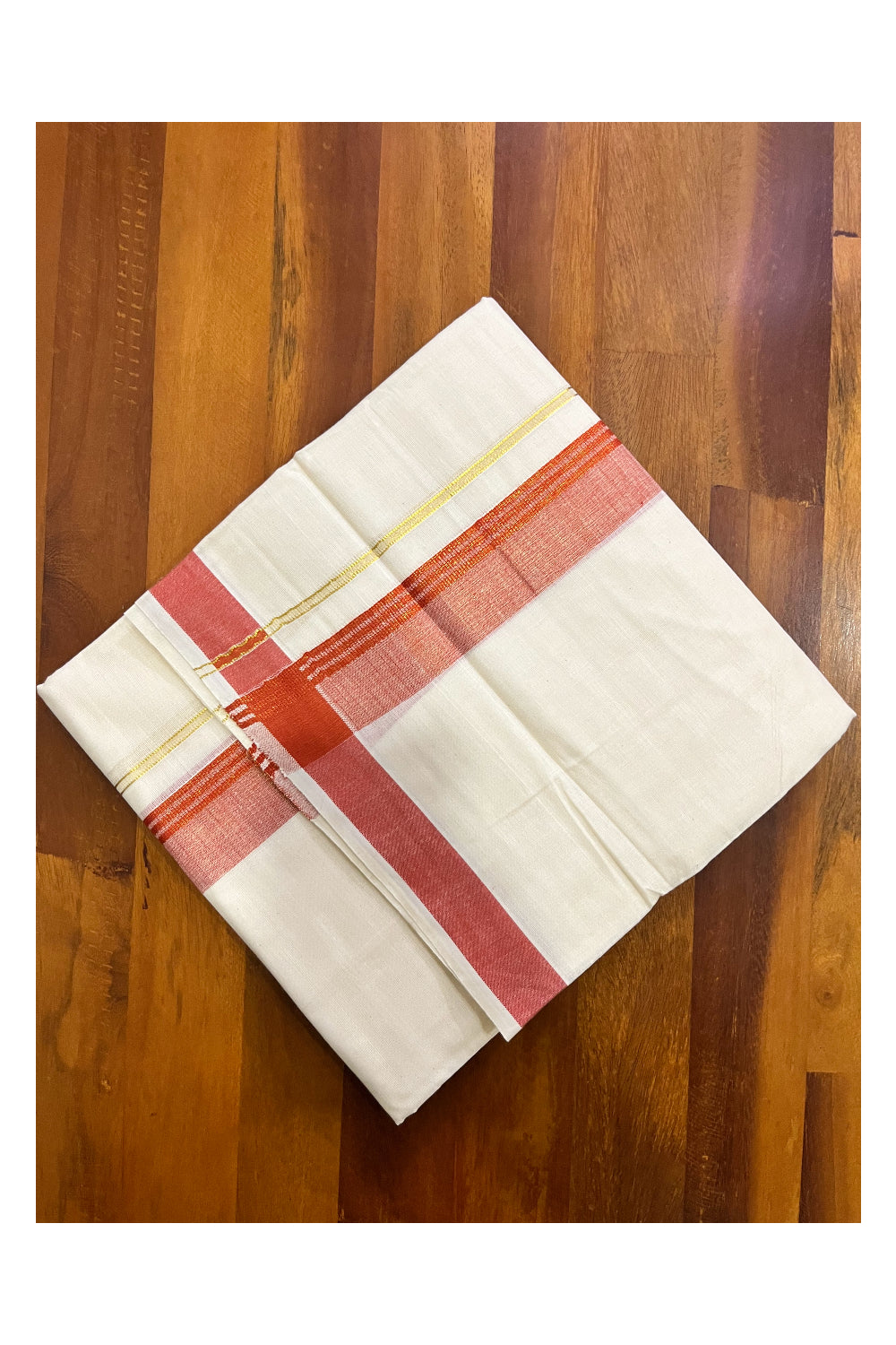 Off White Kerala Cotton Double Mundu with Kasavu and Orange Border (South Indian Kerala Dhoti)