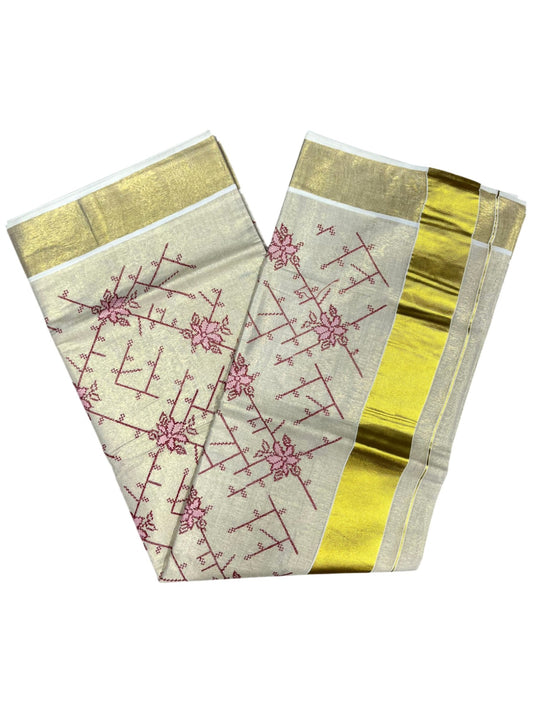 Southloom Tissue Kerala Kasavu Saree with Floral Embroidery Work on Body in Pink and Red