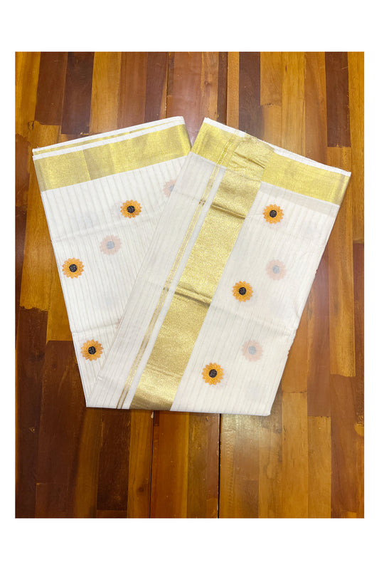 Southloom Kerala Cotton Kasavu Lines Saree with Yellow Floral Embroidery Works on Body