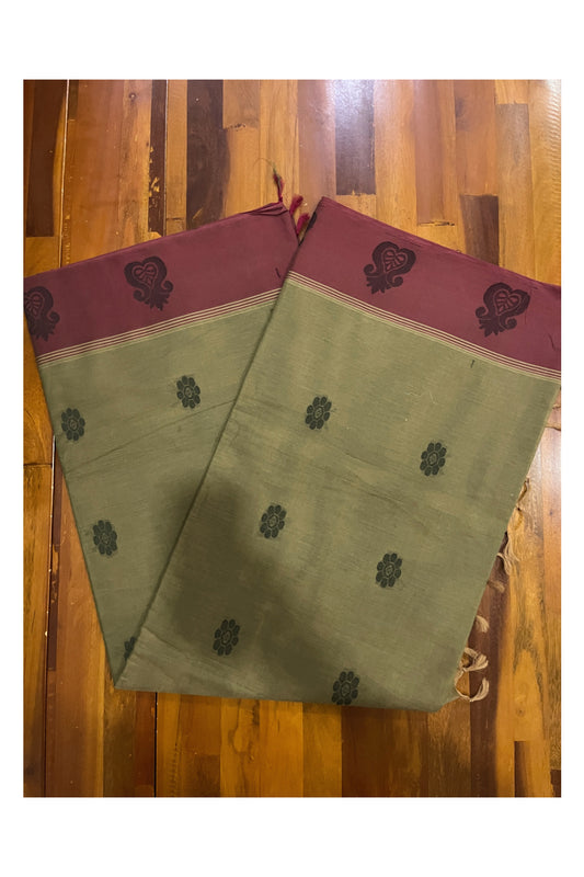 Southloom Cotton Green Saree with Dark Red Floral Woven Border