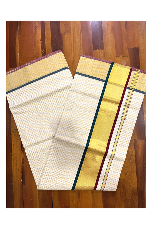 Southloom™ Premium Handloom Cotton Saree with Kasavu Micro Checks Across Body and Maroon Dark Green Border