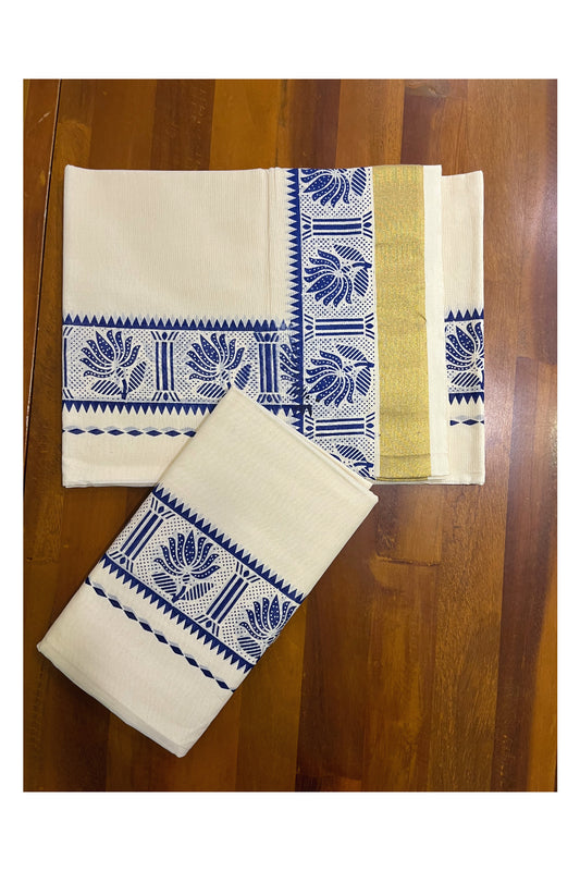 Kerala Cotton Single Set Mundu (Mundum Neriyathum) with Blue Block Prints and Kasavu Border - 2.80Mtrs