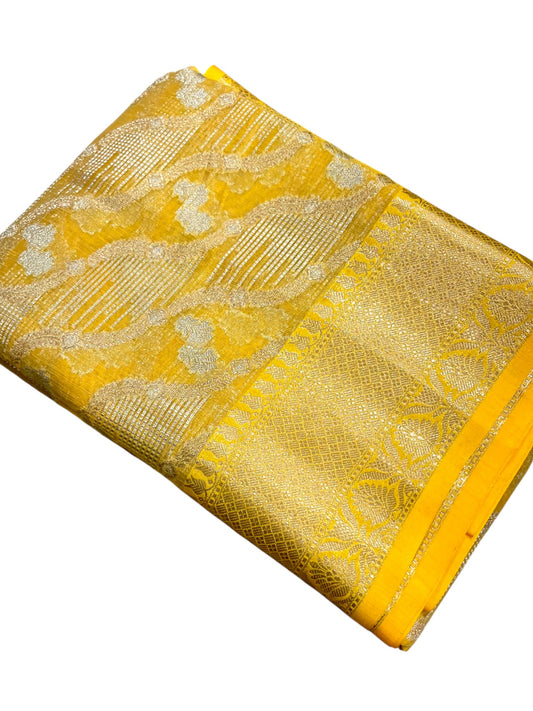 Southloom Tissue Banarasi Silk Saree with Woven Work on Body and Borders (Yellow)
