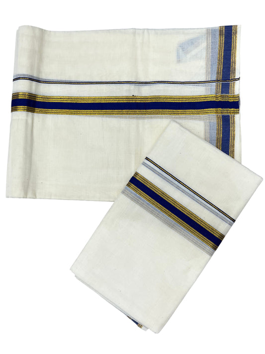 Southloom Pure Cotton Kerala Single Set Mundu (Mundum Neriyathum) with Blue Kasavu Border in 2.80 Mtrs