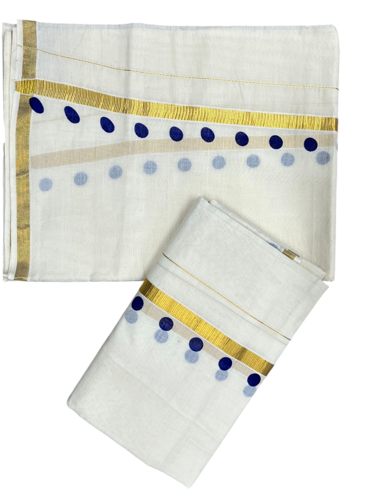 Southloom Pure Cotton Kerala Single Set Mundu (Mundum Neriyathum) with Polka Dots in Blue 2.80 Mtrs