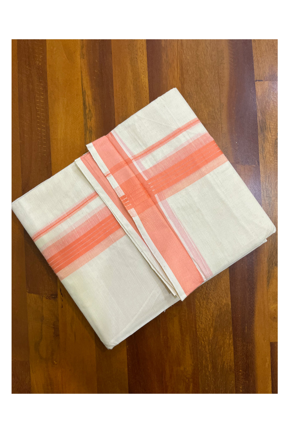 Off White Pure Cotton Kerala Mundu with Peach Kara (South Indian Kerala Dhoti)