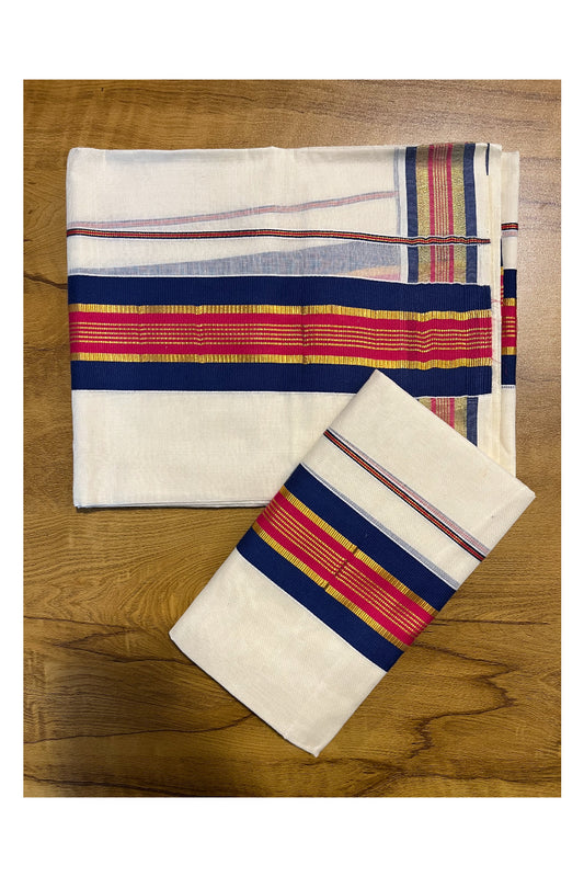 Kerala Cotton Kasavu Set Mundu (Mundum Neriyathum) with Blue and Pink Border