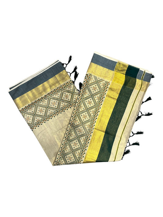 Southloom Kerala Tissue Kasavu Saree Green Hand Printed