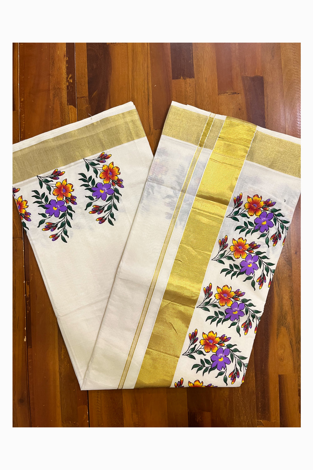 Pure Cotton Kerala Kasavu Saree with Violet Floral Block Prints with Kasavu Border (Vishu 2024 Collection)