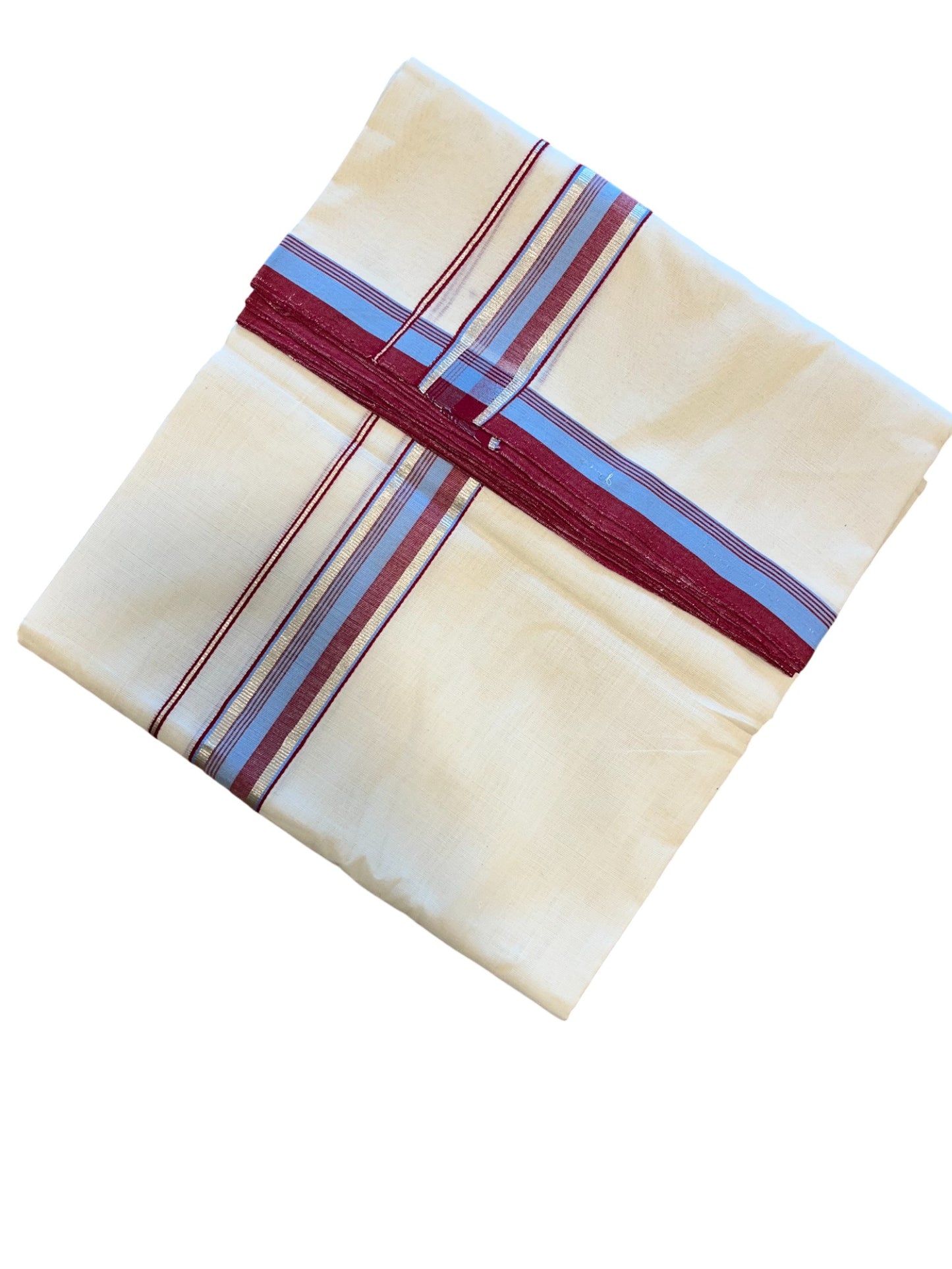 Southloom Premium Handloom Cotton Double Mundu with Red and Blue Border