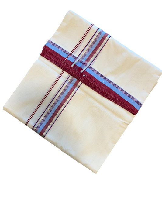 Southloom Premium Handloom Cotton Double Mundu with Red and Blue Border