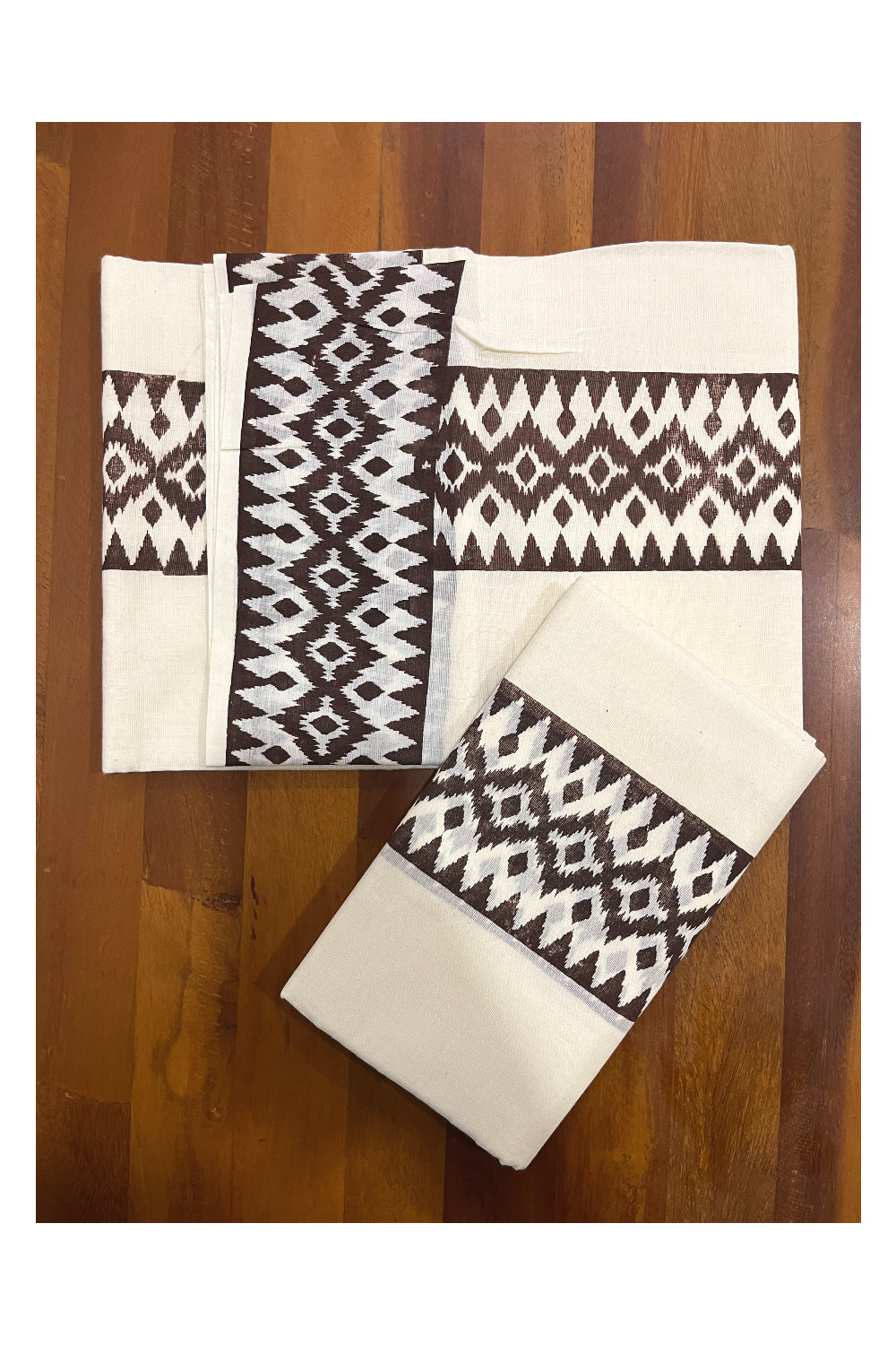 Cotton Kerala Single Set Mundu with Brown Block Printed Border