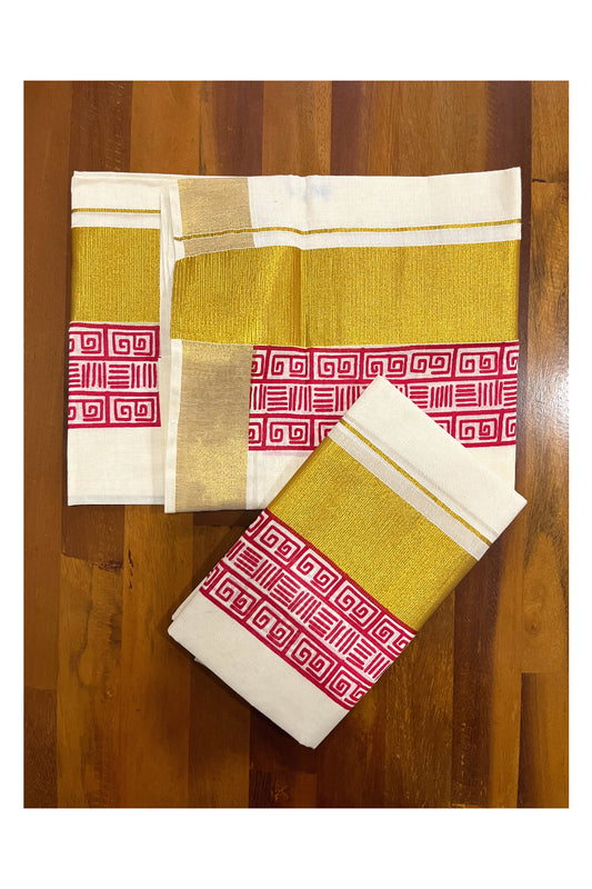 Pure Cotton Kerala Single Set Mundu (Mundum Neriyathum) with Red Block Printed Kasavu Border