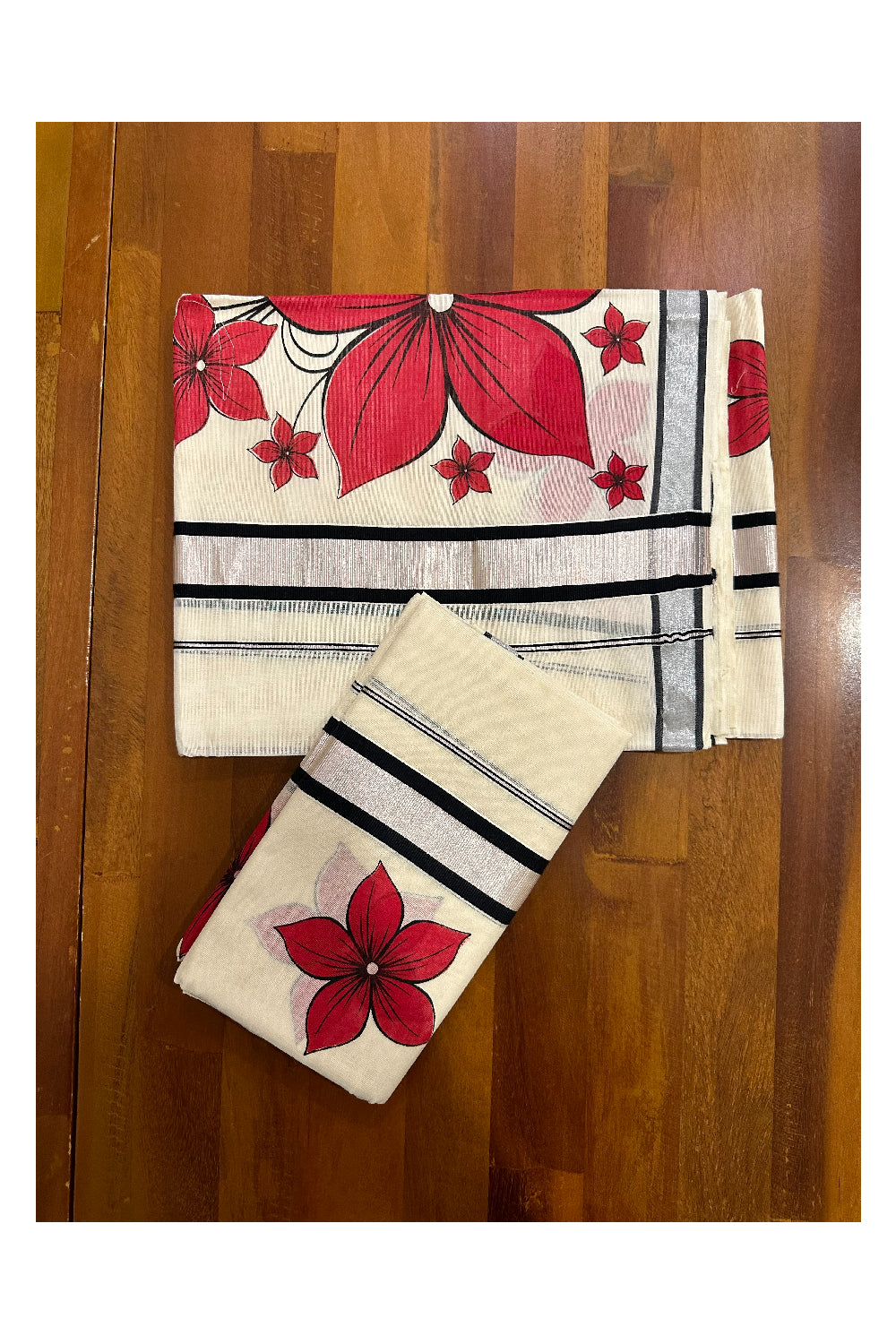 Cotton Silver Kasavu Single Set Mundu (Mundu Neriyathum) with Red Floral Block Prints 2.80 Mtrs (Onam Set Mundu 2023)