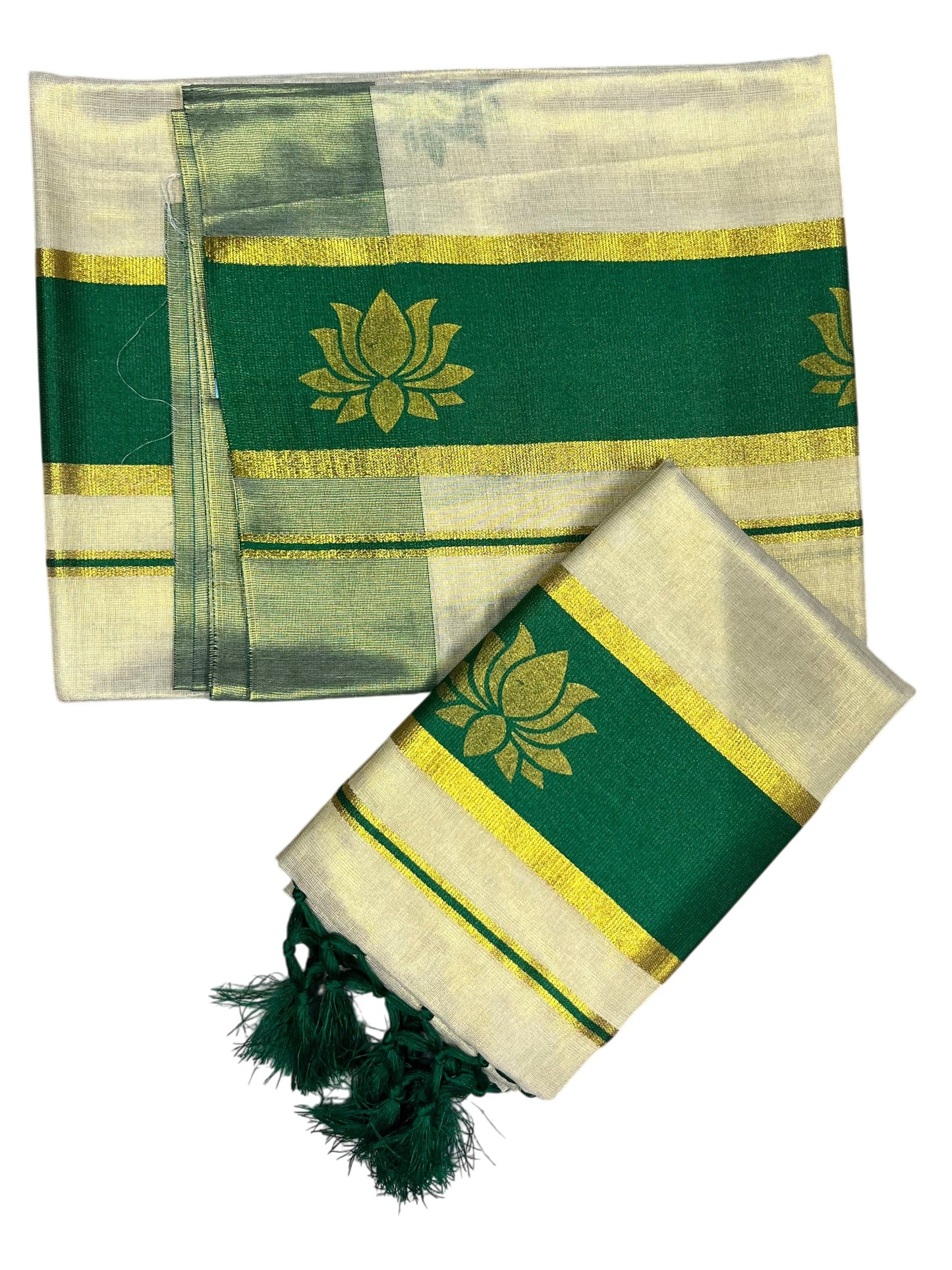 Southloom Kerala Cotton Kasavu Single Set Mundu (Mundum Neriyathum) with Lotus Design in Green