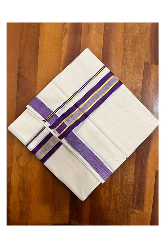 Kerala Pure Cotton Double Mundu with Violet and Kasavu Border (South Indian Kerala Dhoti)