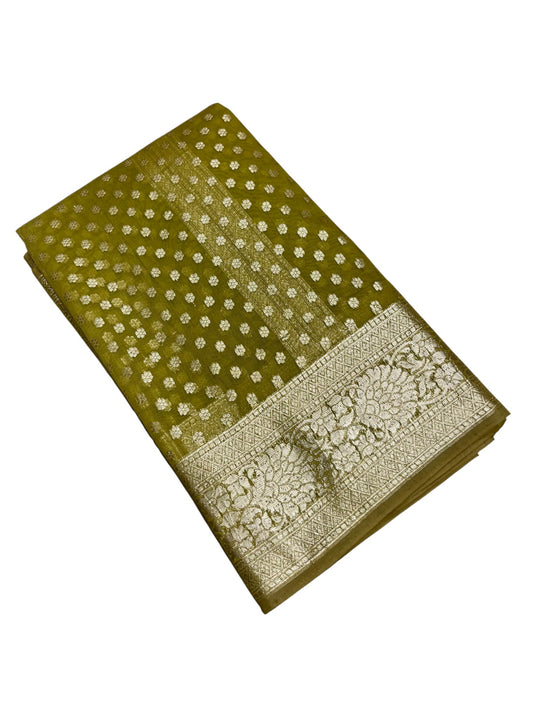 Southloom Cotton Banarasi Silk Saree with Woven Work on Body and Borders (Green)