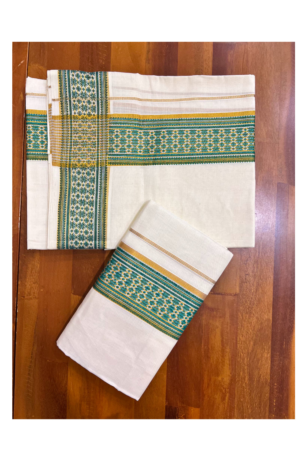 Kerala Pure Cotton Set Mundu Single (Mundum Neriyathum) with Green Block Prints on Kasavu Border