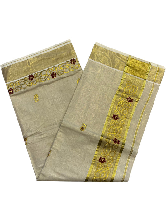Southloom Kerala Tissue Kasavu Saree with Golden Embroidery Work on Body