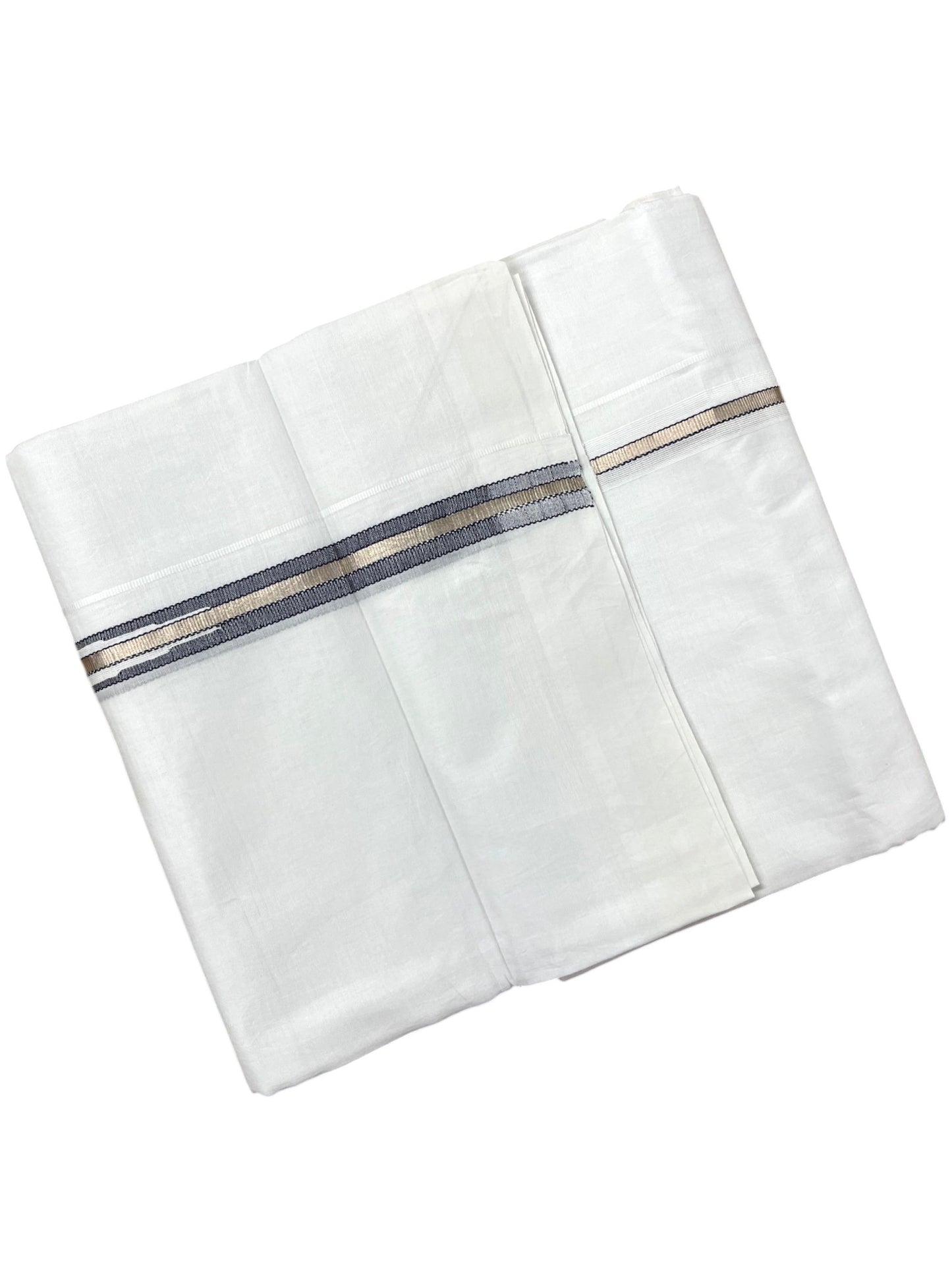 Pure White Cotton Double Mundu with Silver and Blue Chutti Kara (South Indian Dhoti)