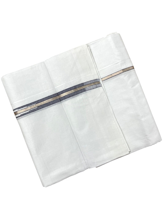 Pure White Cotton Double Mundu with Silver and Blue Chutti Kara (South Indian Dhoti)