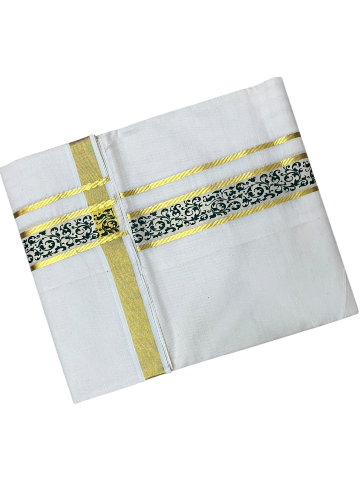 Southloom Pure Cotton Double Mundu with Green Block Printed And Ksavu Border (South Indian Kerala Dhoti)