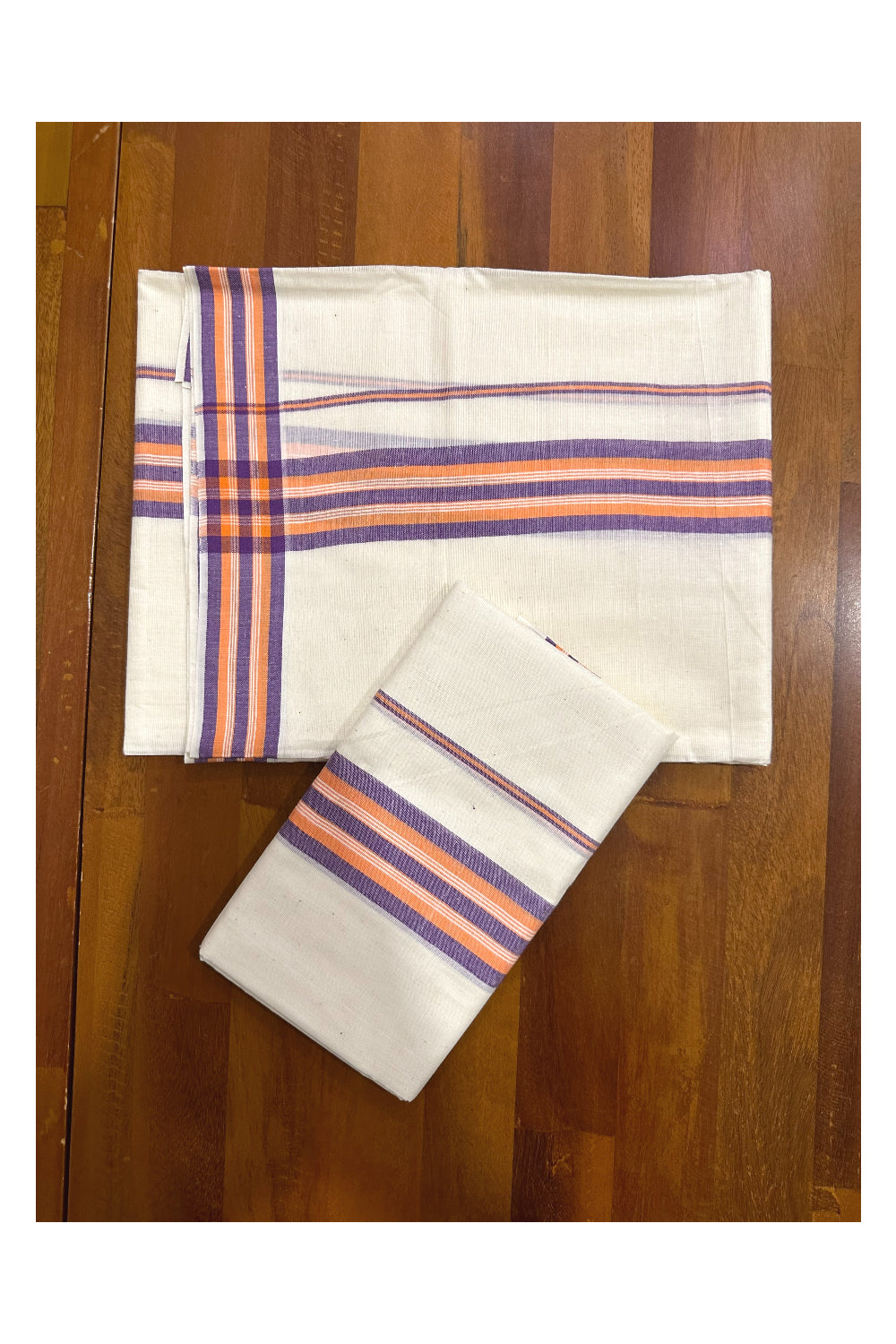 Kerala Mulloth Soft Cotton Mundum Neriyathum Single with Violet and Orange Border (Onam Set Mundu 2023)