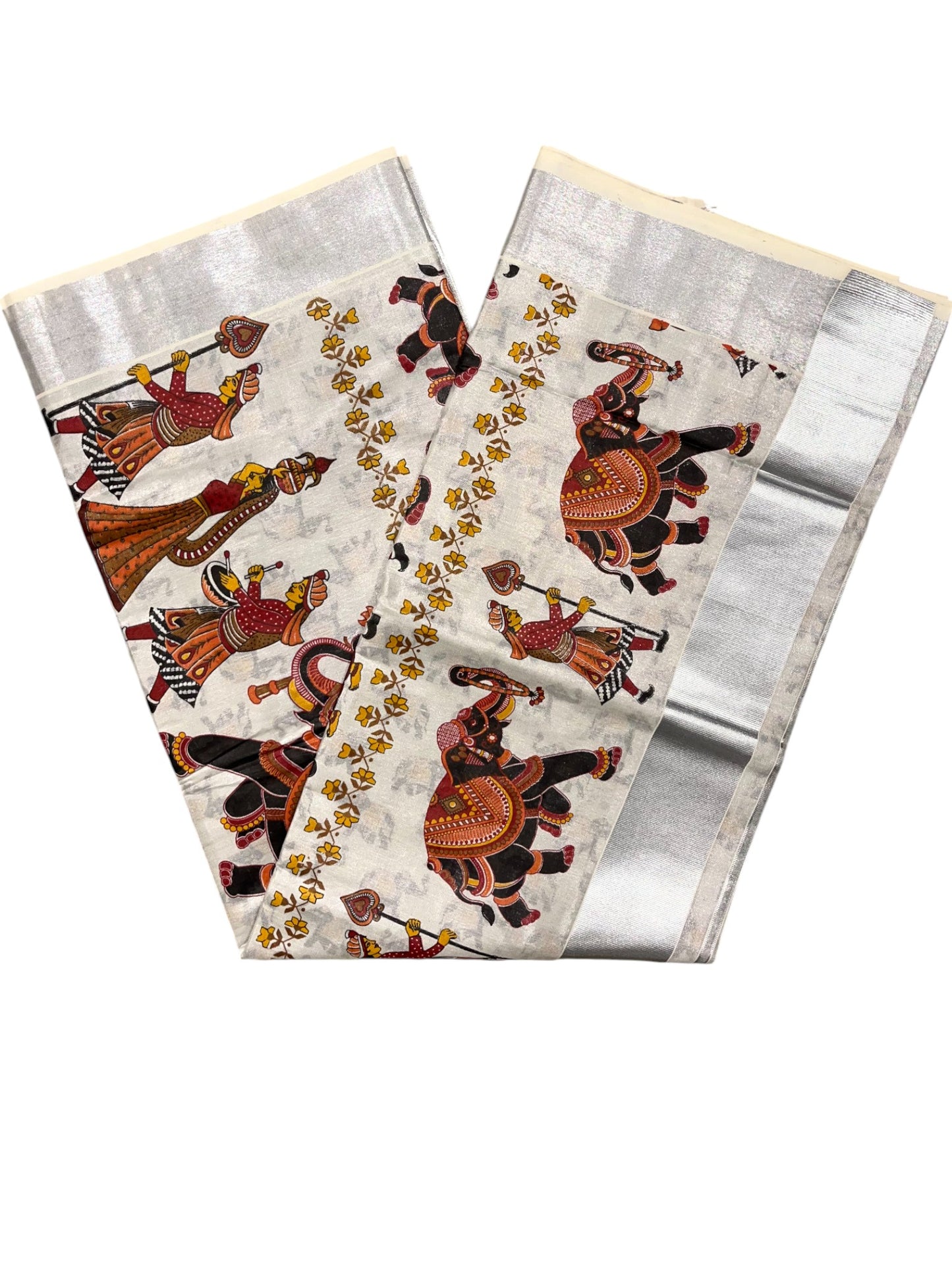 Southloom Kerala Tissue Silver Kasavu Saree With Mural Festival Parasol and Elephant Design