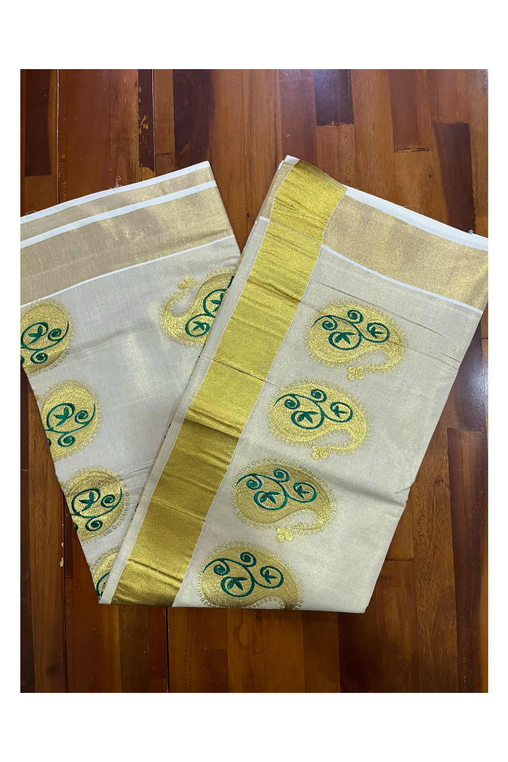 Kerala Tissue Green and Golden Embroidery Work Kasavu Saree