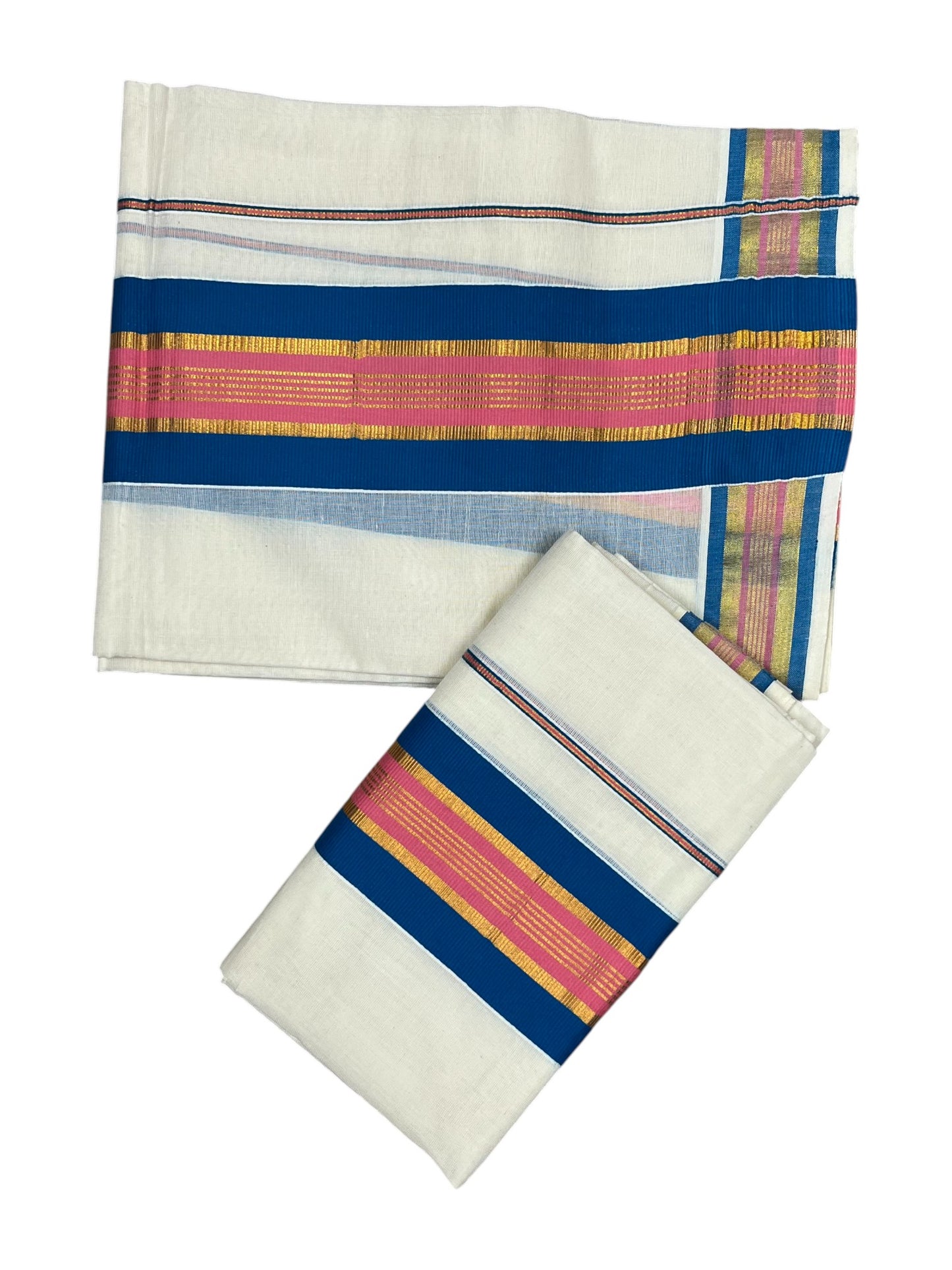 Kerala Cotton Kasavu  Set Mundu (Mundum Neriyathum) with Blue And Pink Border