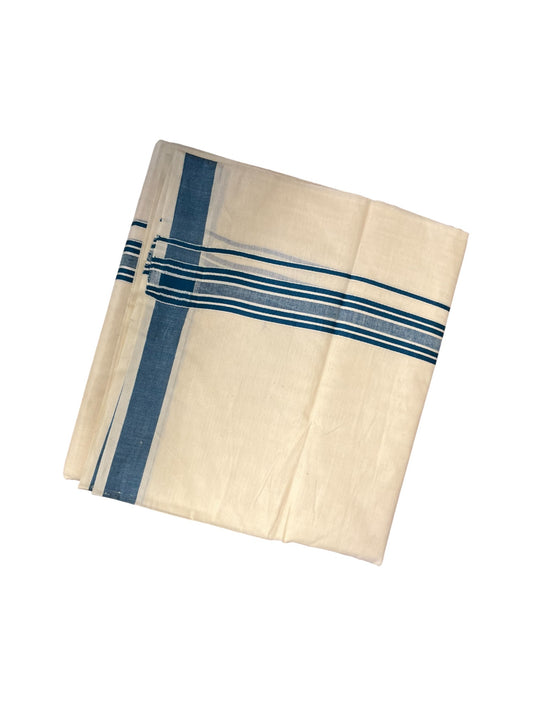 Southloom Pure Cotton  Double Mundu With White Lines & Blue Border (South Indian Kerala Dhoti)