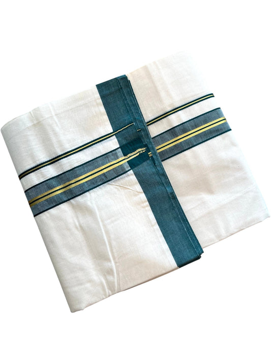 Southloom Pure Cotton Mundu with Golden Lines and Peacock Green Border (South Indian Kerala Dhoti)