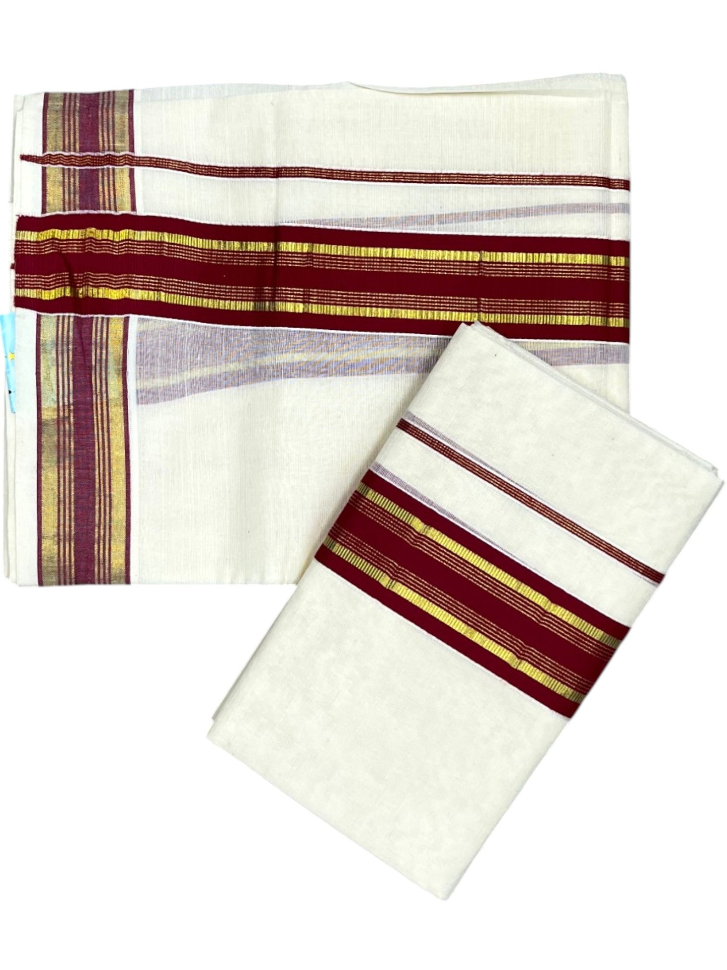 Southloom Kerala Cotton Kasavu Single Set Mundu (Mundum Neriyathum) with Maroon Kasavu Border SLKK