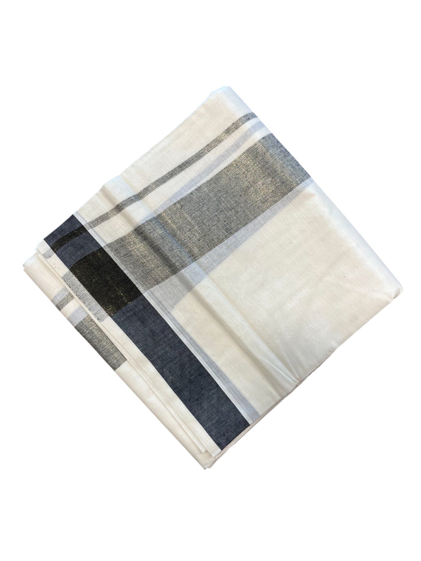 Southloom Kerala Pure Cotton Double Mundu with Grey Lines & Black Border (South Indian Dhoti)