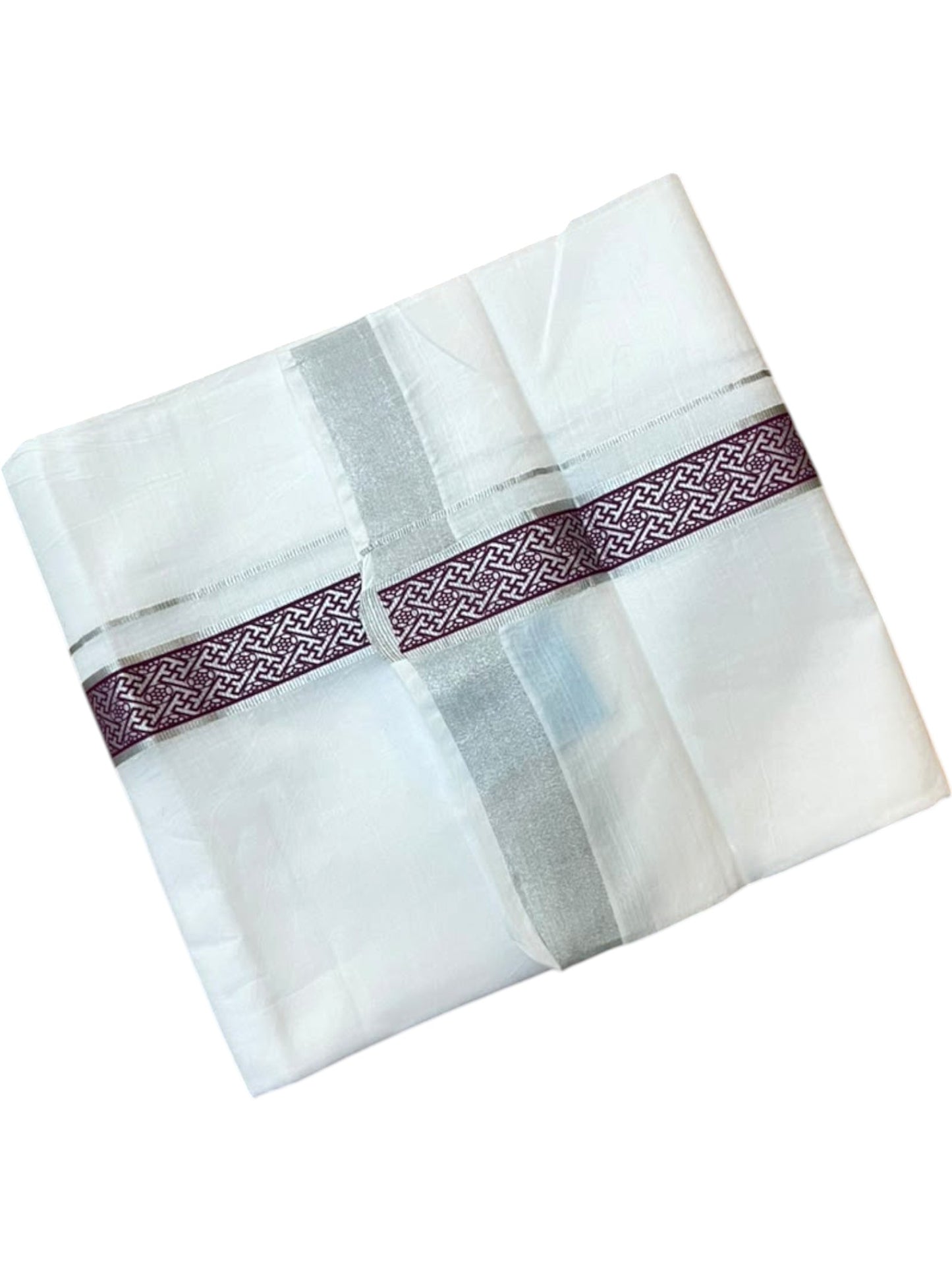 Southloom Pure White Cotton Mundu with Purple and Silver Kasavu Border (South Indian Kerala Dhoti)